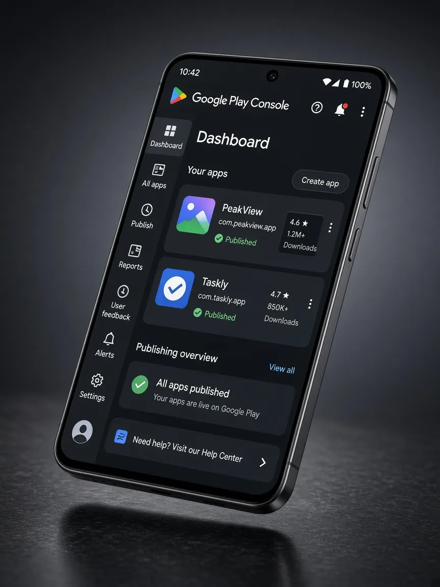 谷歌开发者账号 Google Play Console 界面示意
